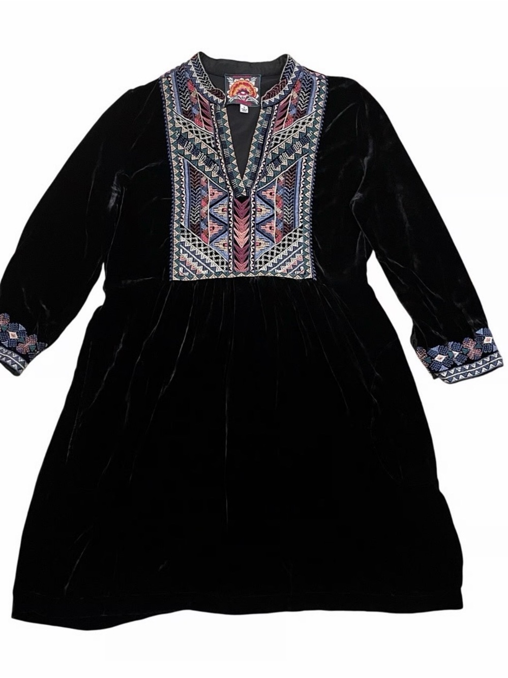 Black Velvet Velour Johnny Wass Embroidered V Neck Dress Women Size M